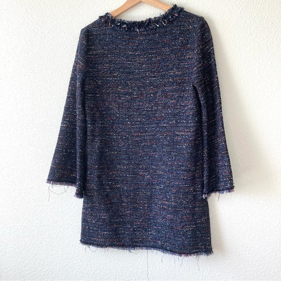 Zara Tweed Fringe Black Tunic Dress Small Bell Sleeves Deep V Neck Stich Colors - Picture 11 of 14
